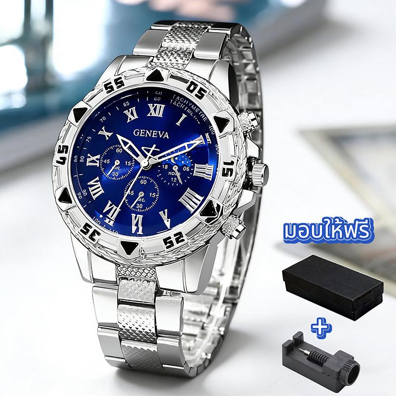 นาฬิกาสําหรับผู้ชายที่มีหน้าปัดสามตา ทำจากกระจกสีน้ำเงินและสแตนเลส สะดุดตาและหรูหรา เหมาะสำหรับผู้ชายที่ต้องการมอบของขวัญให้กับแฟนของตนนาฬิกาข้อมือ