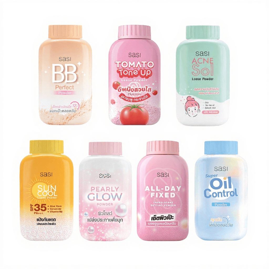 Sasi แป้งฝุ่นคุมมัน 7 สูตร ควบคุมความมันยาวนาน เนื้อแป้งบางเบา ปกปิดรอยสิว 50 กรัม